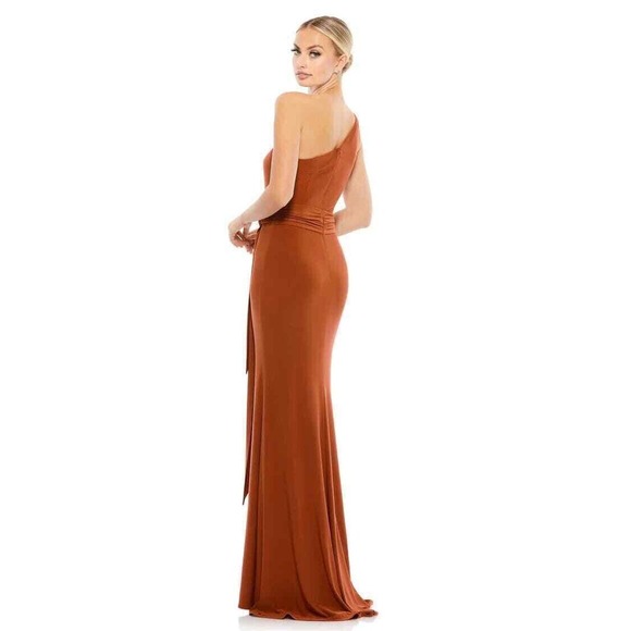 Mac Duggal 26581 Brick Jersey One Shoulder Belted Trumpet Gown Size 8 MSRP $298 - Picture 2 of 12